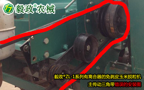 毅政牌ZL1系列有離合器的免剝皮玉米脫粒機(jī)，主傳動(dòng)三角帶錯(cuò)誤安裝